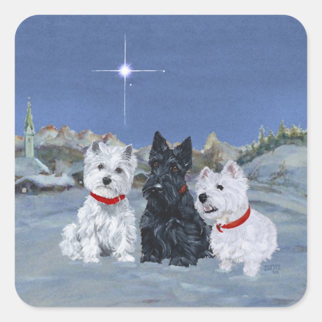 Westies und ein schottisches Weihnachtsfest Quadratischer Aufkleber (Vorderseite)