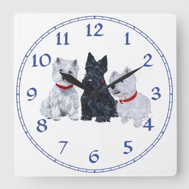 Westies und Scottie Together Quadratische Wanduhr (Vorderseite)