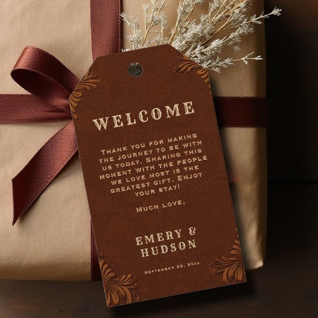 Westlich geprägte, handwerklich gefertigte rustika geschenkanhänger (country rustic cowboy wedding welcome gift tag faux tooled leather terracotta rust western barn)