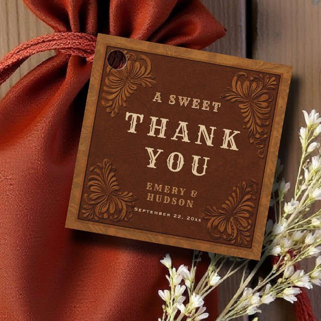 Westlich geprägte, rustikale Terrakotta-Hochzeit m Geschenkanhänger (country rustic cowboy wedding favor tag faux tooled leather terracotta rust western barn)