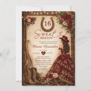 Westliche Burgunderrote Blumenprinzessin Sweet Six Einladung