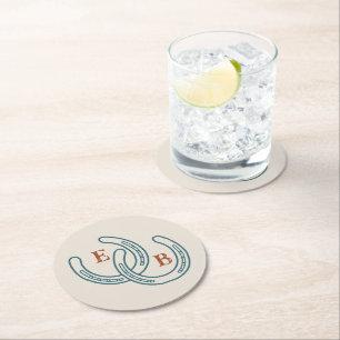 Westliche Cowboy-Hufeisen-Monogramm-Teal-Rost-Part Runder Pappuntersetzer
