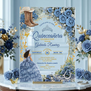 Westliche Cowgirl Blaue Rosen Goldene Quinceañera Acryleinladungen