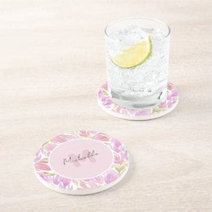 Westliche Fuchsie Rosa Aquarell Blumen Monogramm Getränkeuntersetzer