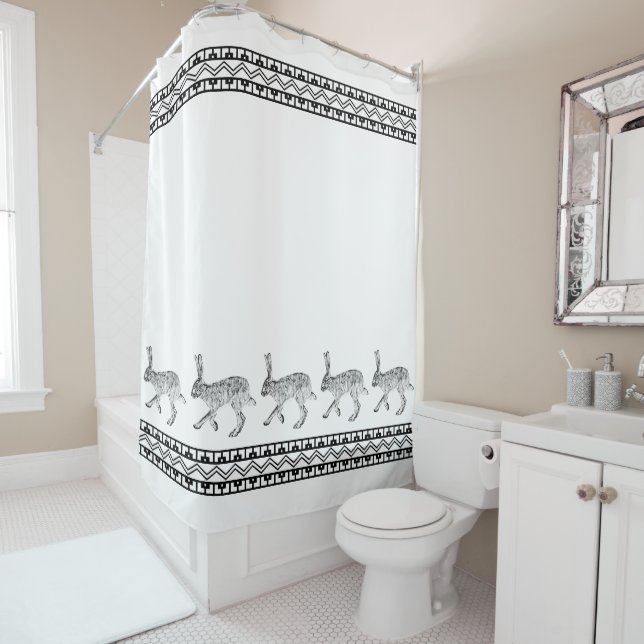 Westliche Jackkaninchen und geometrische Berge Duschvorhang (Beispiel)