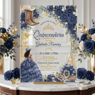 Westliche Navyblaue Rosen Goldene Country Quinceañ Acryleinladungen