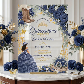 Westliche Navyblaue Rosen Goldene Country Quinceañ Acryleinladungen