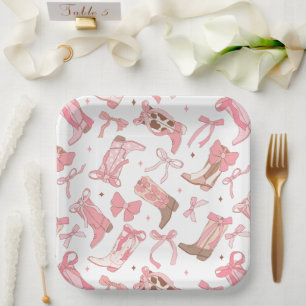 Westliche rosa Rodeostiefel mit Schleifen Brautpar Pappteller