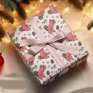 Westliche rosa Weihnachts-Cowboy-Stiefel, Zapfen B Geschenkpapier