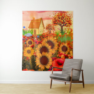 Westliche Sonnenblumen-Kunstmalerei - Rustikaler B Wandteppich