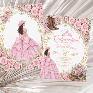 Westliche Stiefel Rosa Rosen Goldene Quinceañera Einladung