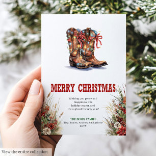 Westliche Weihnachtsgrußkarte mit Cowboystiefeln Feiertagskarte