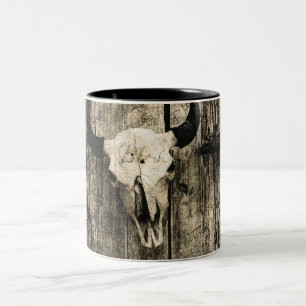 Westlicher Bullenschädel Holzscheune Sepia Vintage Zweifarbige Tasse