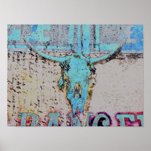 Westlicher Bullenschädel Türkis Blau Rustikal Vint Poster