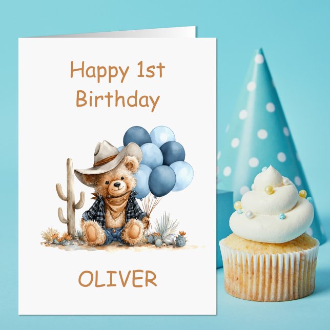 Westlicher Teddybär 1. Geburtstag Karte (Von Creator hochgeladen)