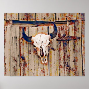 Westlicher Vintage-Rustikaler Bullenschädel Braune Poster