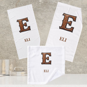 Westliches, geprägtes Lederinitial-Monogramm E Badhandtuch Set