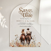 Westliches Paar Reitet Pferd Hochzeit Save the Dat