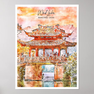 Westsee Hangzhou China Vintage-Reise Wasserfarbe Poster