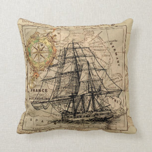 WestVintage Karte europas mit Schiff u. Kompass Kissen