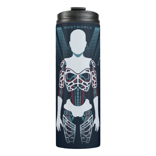 Westwelt | Android-Skelett über Logo Thermosbecher (Vorderseite)