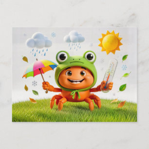 Wetterkrabbe misst Klima mit Regenbogen-Schirm Postkarte