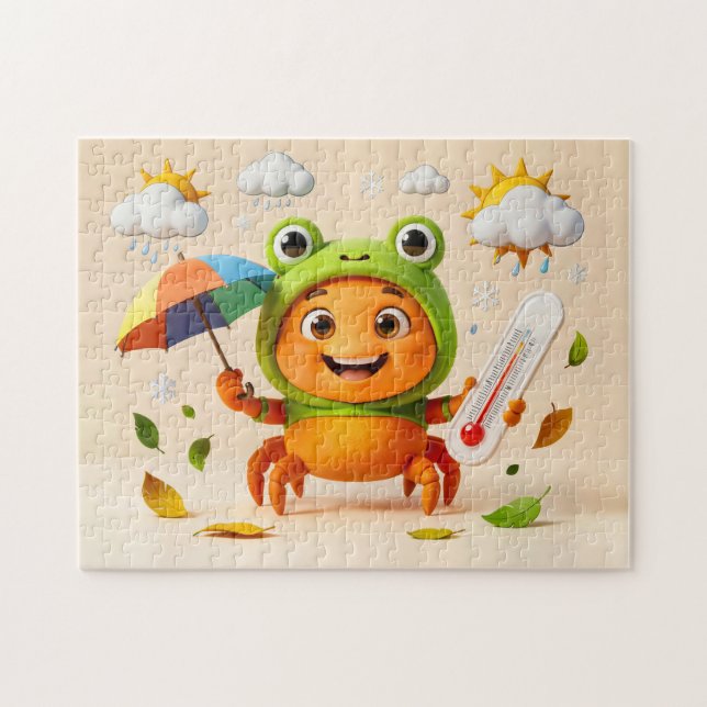 Wetterkrabbe misst Klima mit Regenbogen-Schirm Puzzle (Horizontal)
