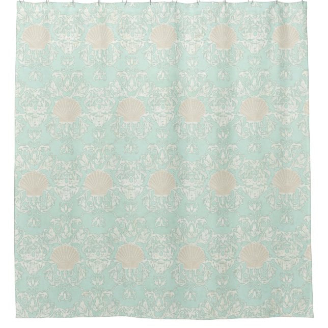 Wetterschräge Muschel Strand Damask Muster Aqua Duschvorhang (Vorderseite)