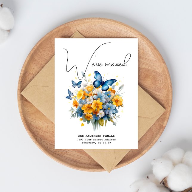 Weve bewegte neue Adresse Butterfly Wasserfarbe Be Ankündigungspostkarte (We've moved announcement postcard, with beautiful blue yellow butterfly floral.)