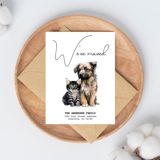 Weve bewegte neue Adresse Katze Hund Wasserfarbe B Ankündigungspostkarte (Weve Moved New Address Cat Dog Watercolor Moving Announcement Postcard)