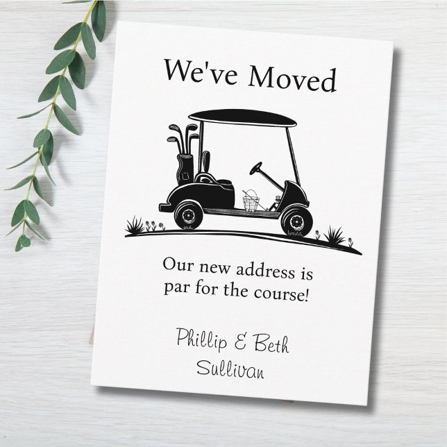 We've Moved Black Silhouette Golf Cart Ankündigungspostkarte (Von Creator hochgeladen)