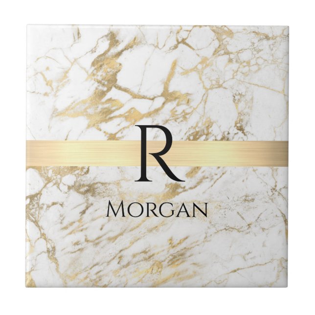 Wh & Gold Marble Gold Bar, DIY Black Name Monogram Fliese (Vorderseite)