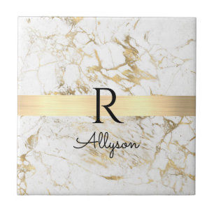 Wh & Gold Marble Gold Bar, DIY Black Name Monogram Fliese
