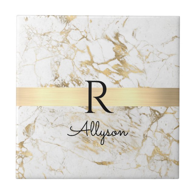 Wh & Gold Marble Gold Bar, DIY Black Name Monogram Fliese (Vorderseite)