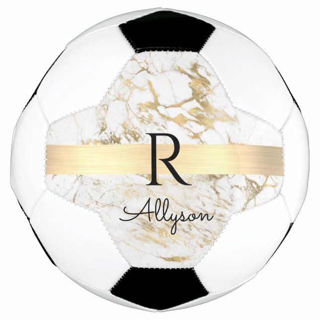 Wh & Gold Marble Gold Bar, DIY Black Name Monogram Fußball (Vorderseite)