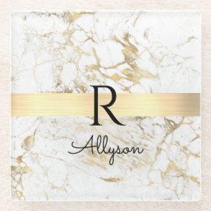 Wh & Gold Marble Gold Bar, DIY Black Name Monogram Glasuntersetzer