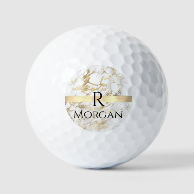 Wh & Gold Marble Gold Bar, DIY Black Name Monogram Golfball (Vorderseite)