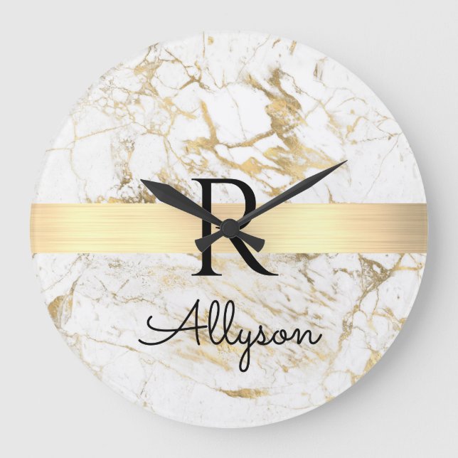 Wh & Gold Marble Gold Bar, DIY Black Name Monogram Große Wanduhr (Vorderseite)
