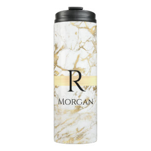 Wh & Gold Marble Gold Bar, DIY Black Name Monogram Thermosbecher