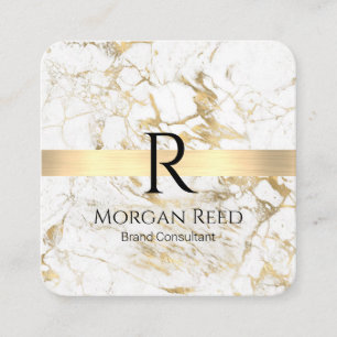 Wh/Gold Marble Gold Bar DIY Blk Name Monogram Info Quadratische Visitenkarte