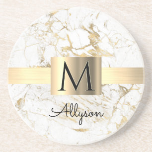 Wh & Gold Marmor Box, DIY Black Name Monogram Getränkeuntersetzer