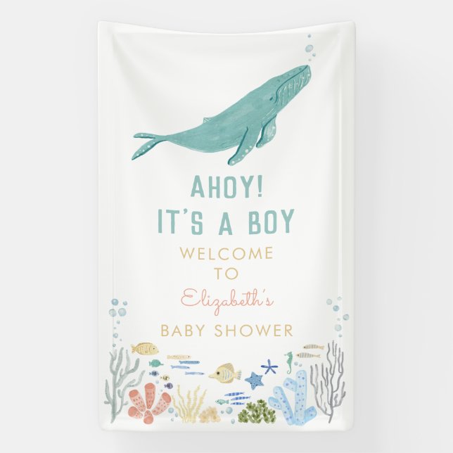 Whale Ahoy! Es ist ein Baby-Dusche Willkommen Banner (Vertikal)