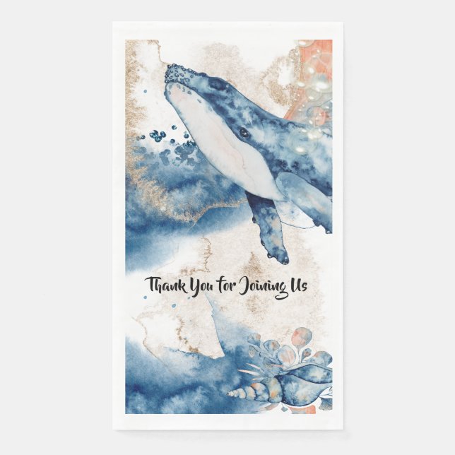 Whale Aquarell Meeressäuger blau orange chisch Serviette (Vorderseite)