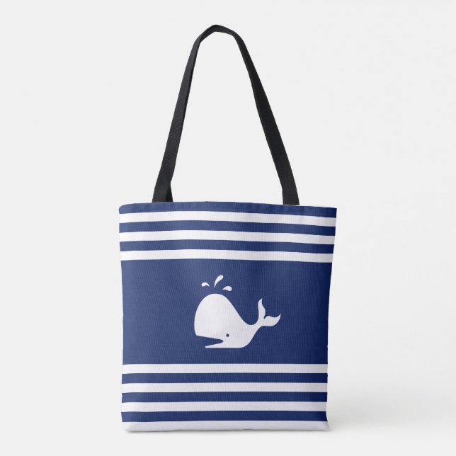 Whale auf Navy Blue und White Striped Tote Bag (Rückseite)