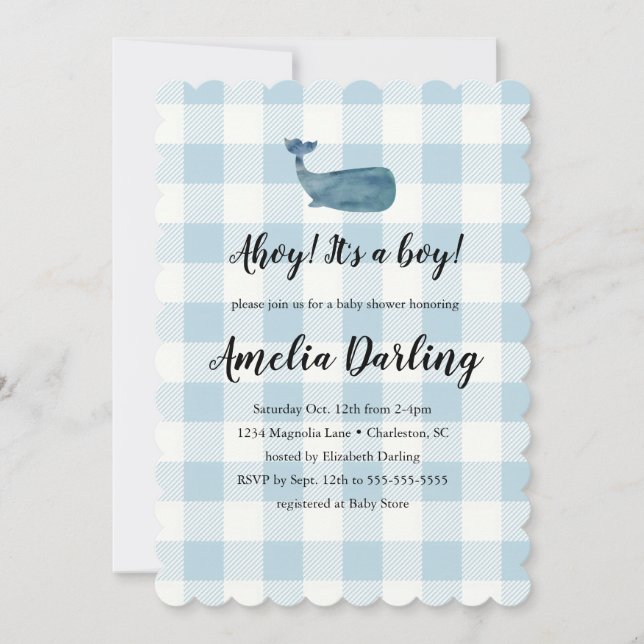 Whale Baby Boy Baby Shower Scallop Edge Einladung (Vorderseite)