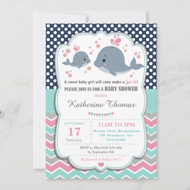 Whale Baby Shower Einladung Baby Girl Pink Polka (Vorderseite)