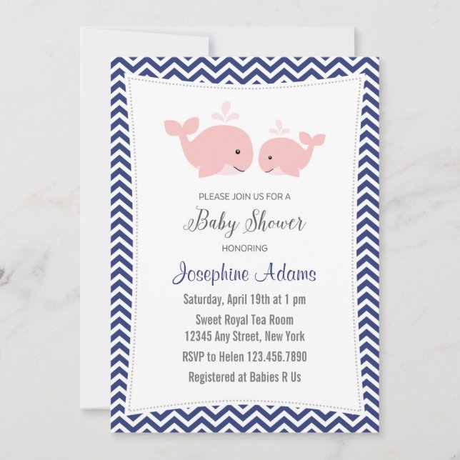 Whale Baby Shower Einladung Pink Navy Blue (Vorderseite)