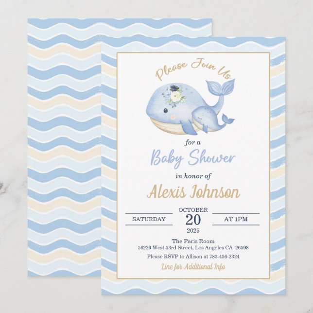Whale Baby Shower Einladung Wavy Hintergrund (Vorne/Hinten)