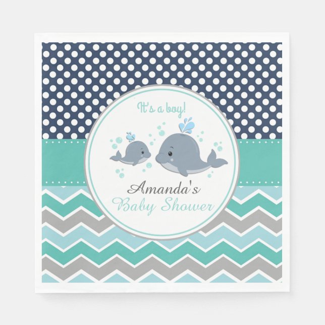 Whale Baby Shower Paper Party Napkin Boy Zickzack Serviette (Vorderseite)
