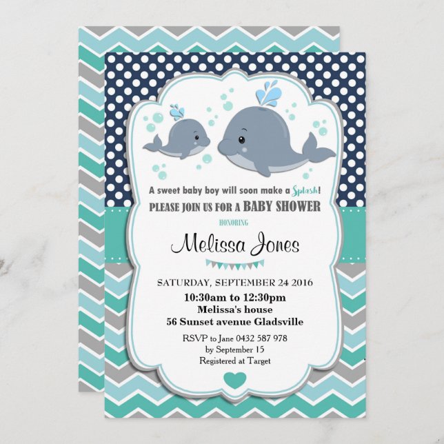 Whale Baby Shower Personalisiert Invitation Baby B Einladung (Vorne/Hinten)